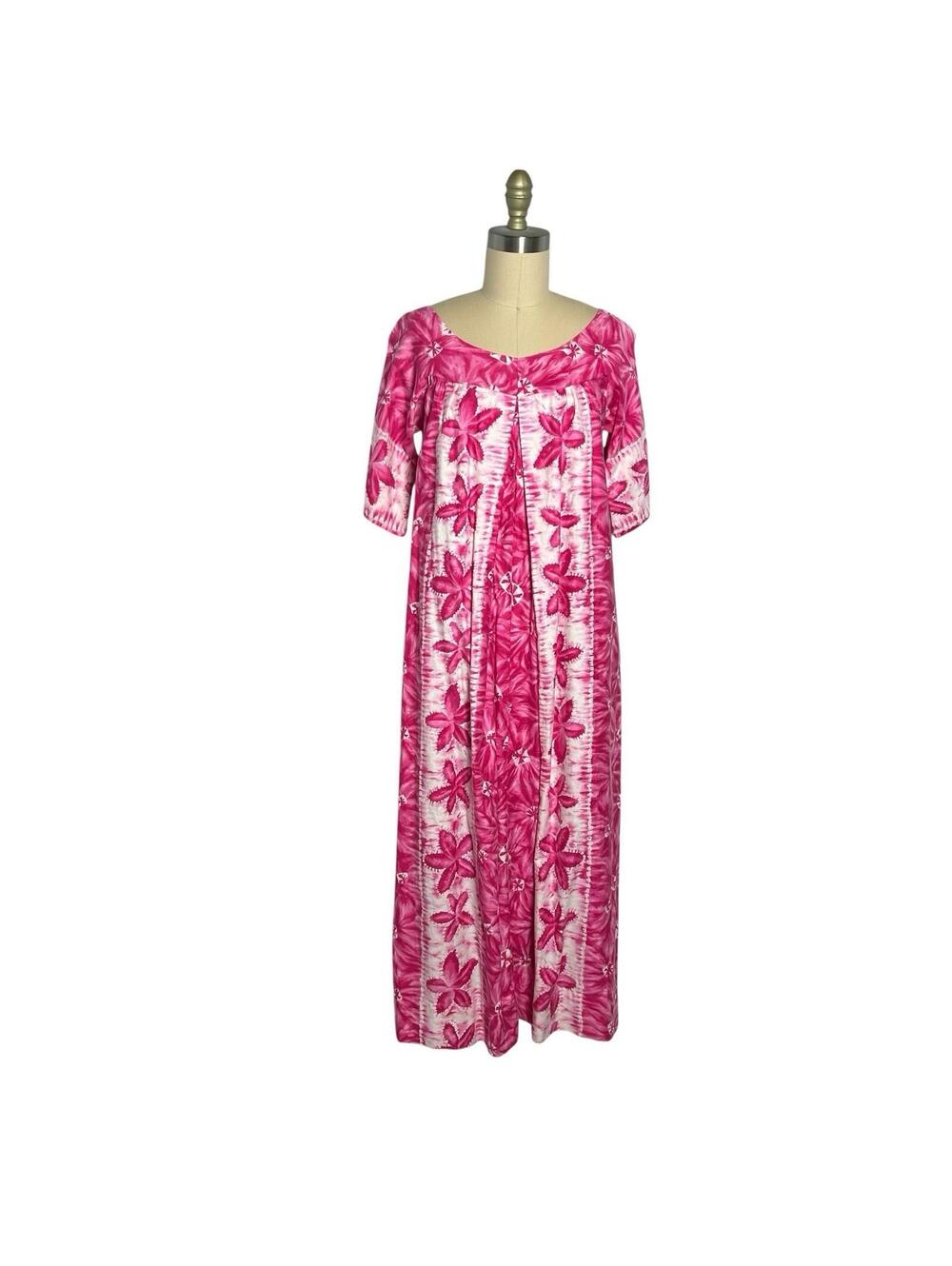 Vintage 1960s Hawaiian Maxi Dress Pink Barkcloth Floral MuuMuu Empire Tent S